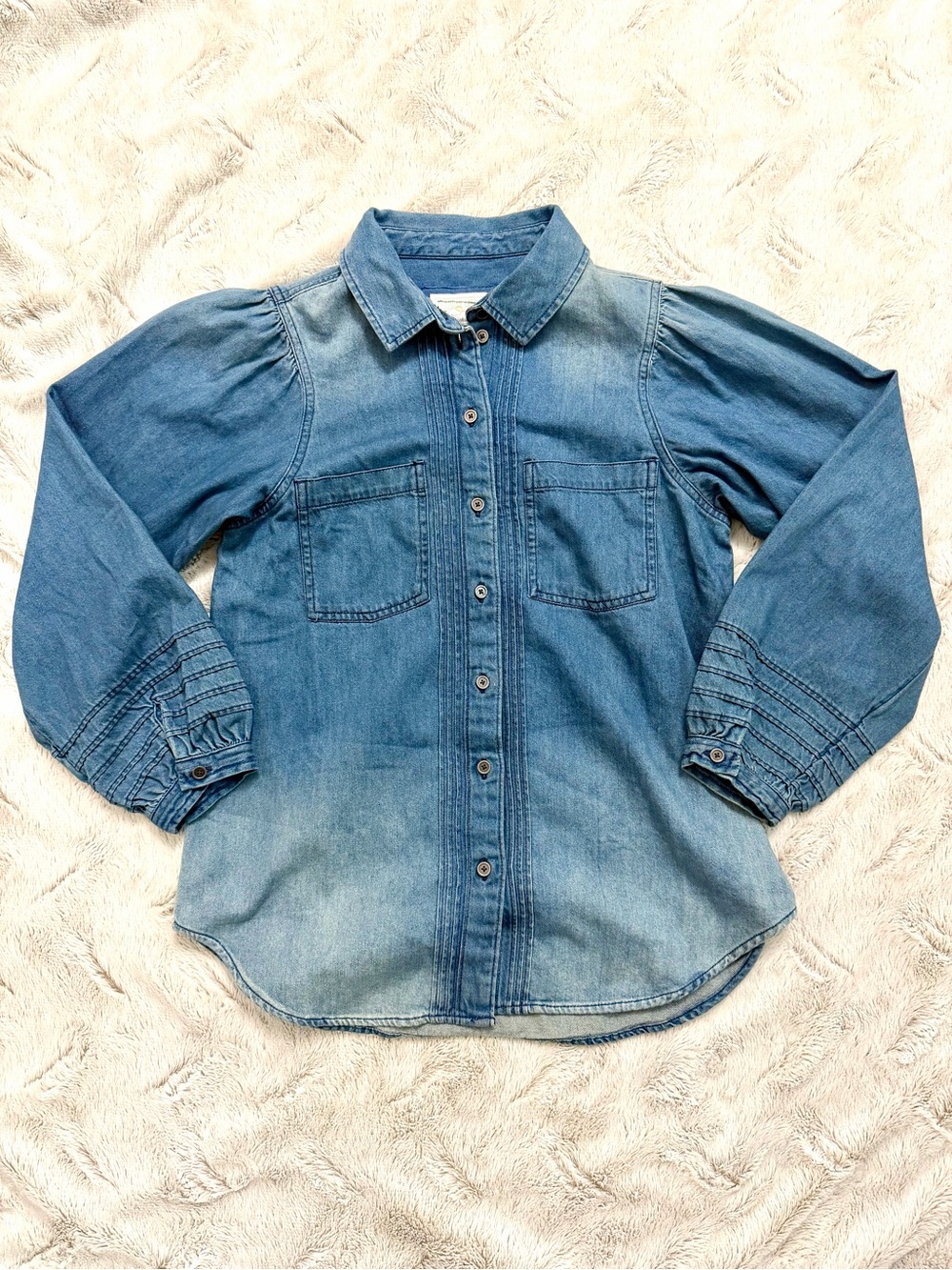 American Eagle Balloon Puff Sleeve Denim Shirt Ombre Fade Blue Size S